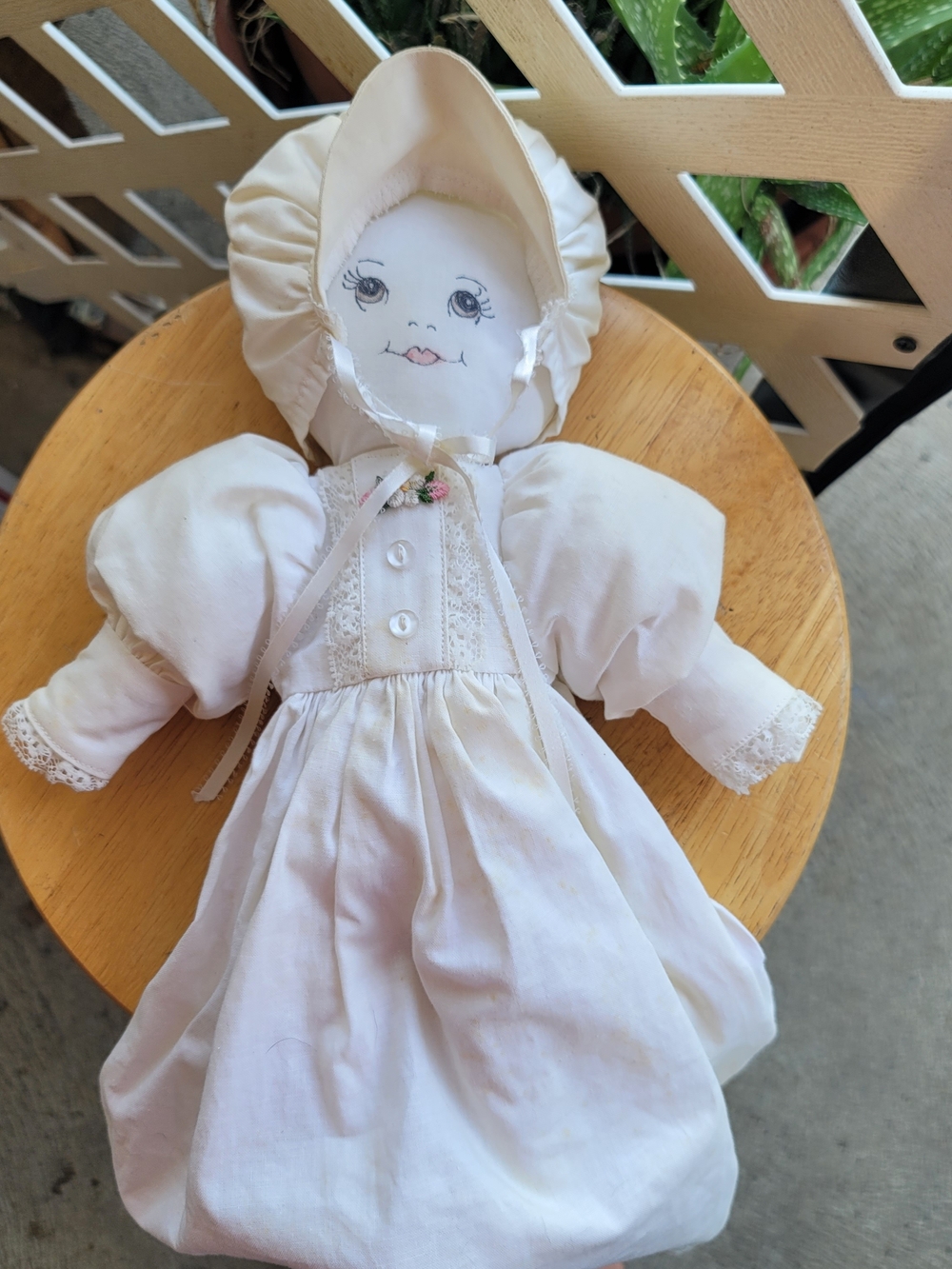 Vintage Handmade K. Mahon 1994 Pillow Case Fabric Country Baby Doll with Bonnet